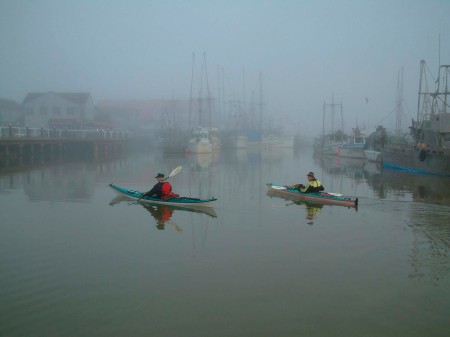 kayaks in the mist